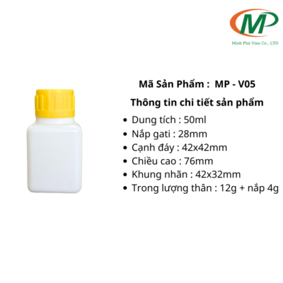 Chai Nhựa 50ml MP-V05 không chỉ là một giải pháp đựng sản phẩm hiệu quả, mà còn là biểu tượng của sự tiện lợi và chất lượng. Với dung tích 50ml, nó là sự lựa chọn lý tưởng cho việc đựng mỹ phẩm, dầu essences, và các sản phẩm nhỏ khác.